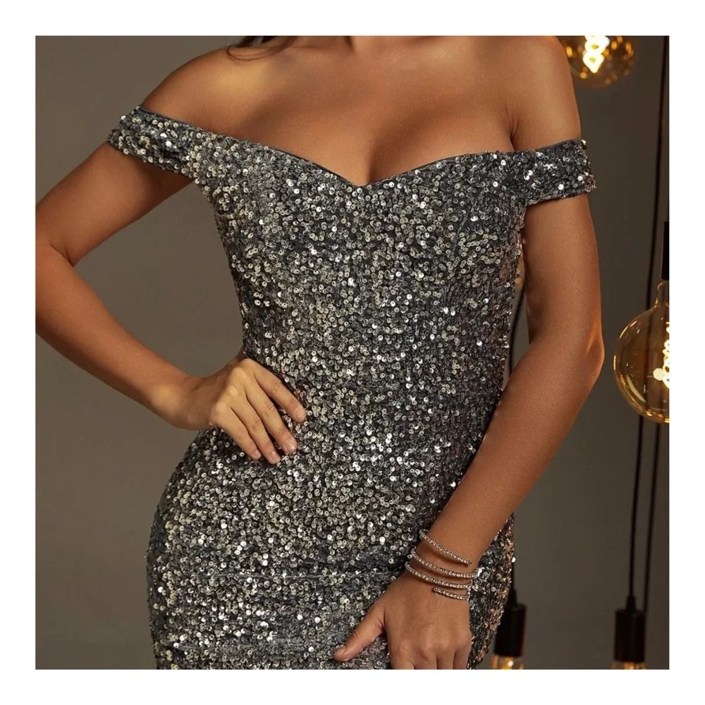 Faeriesty Gray Sequin Embellished Off-Shoulder Women’s Gown Size XS NWT - Picture 3 of 14